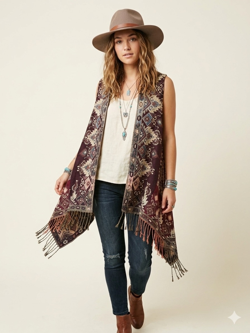Boho Festival Western Fringed Patterned Vest in Burgundy and Tan